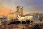 Richard ansdell,R.A. A Ewe with Lambs and A Heron Beside A Loch oil on canvas